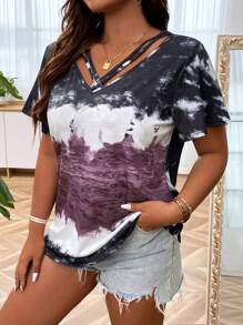 SHEIN LUNE Plus Tie Dye Crisscross Front Tee - Multicolor - View 3