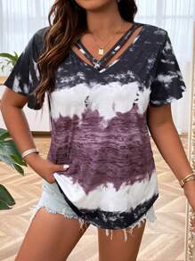 SHEIN LUNE Plus Tie Dye Crisscross Front Tee - Multicolor - View 4
