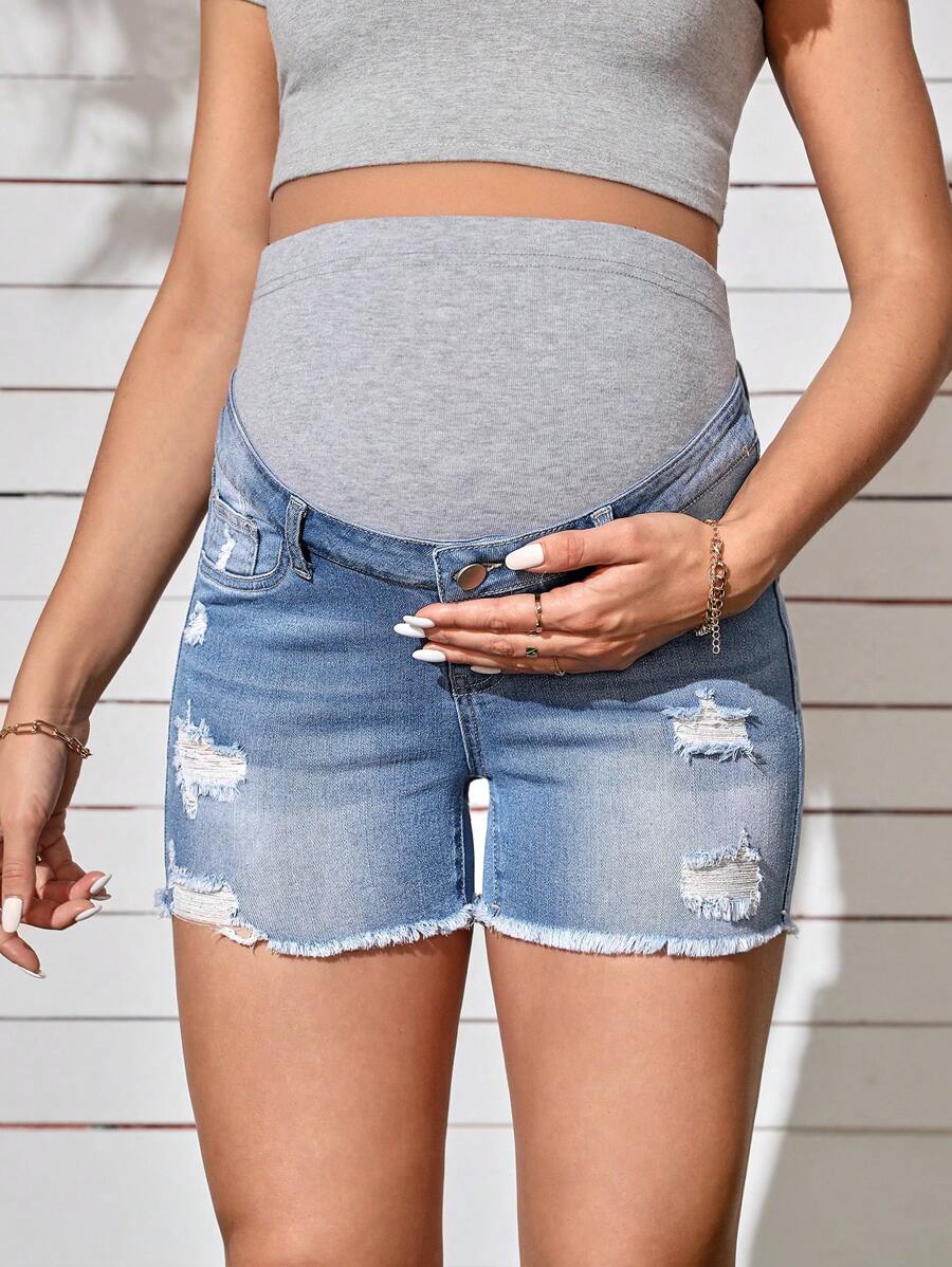 SHEIN Maternity Wideband Waist Ripped Raw Hem Denim Shorts - Medium Wash - View 1