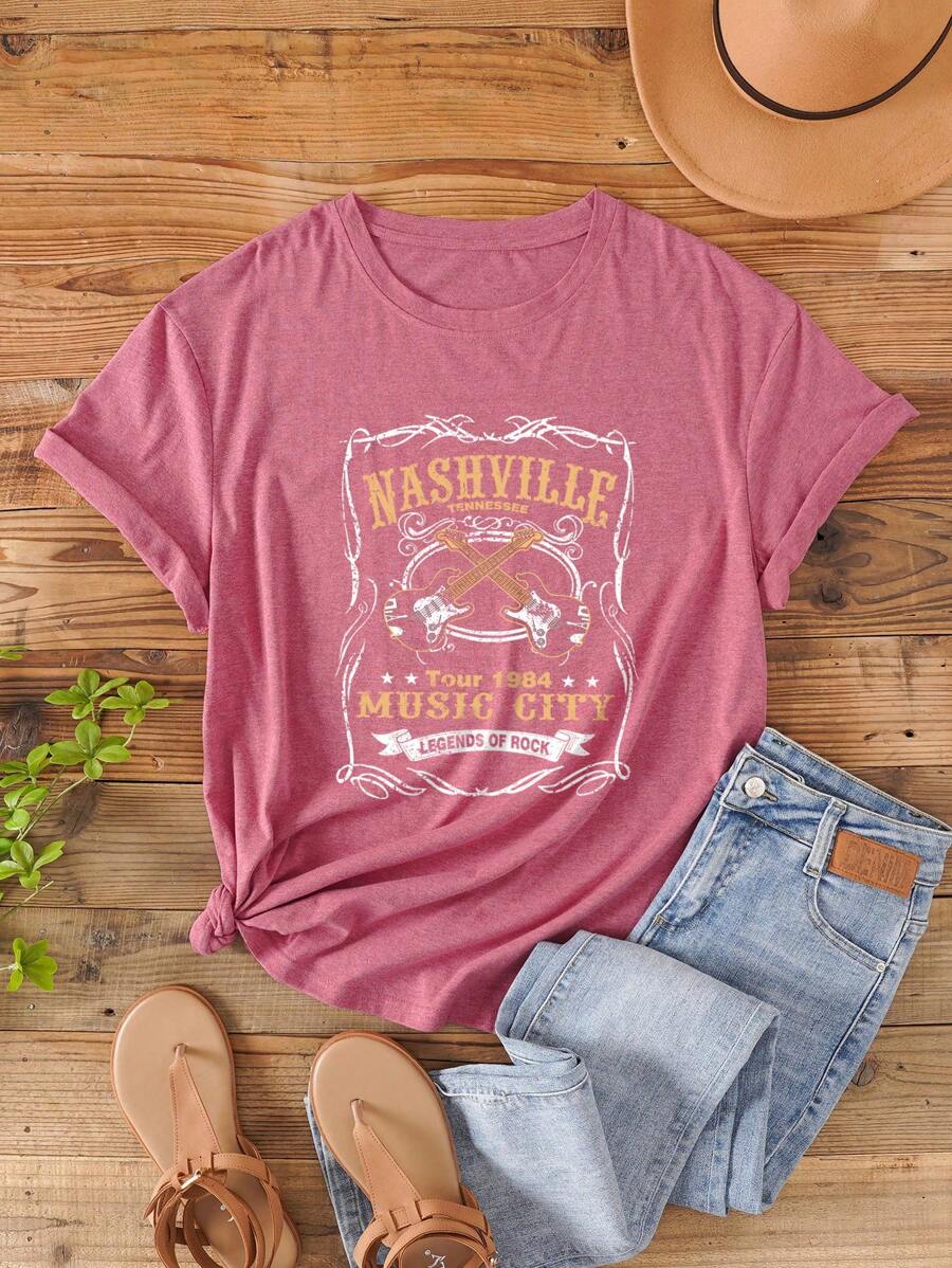 SHEIN LUNE Camiseta con estampado de slogan y dibujos animados - Rosa - Ver 1