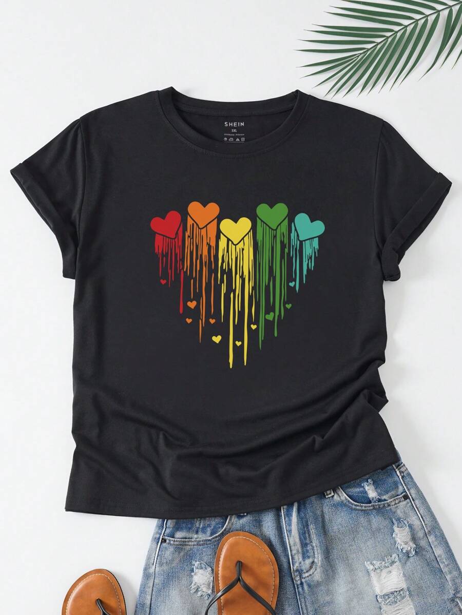 SHEIN LUNE Áo thun Plus size Tim Giải trí - màu đen - Xem 1