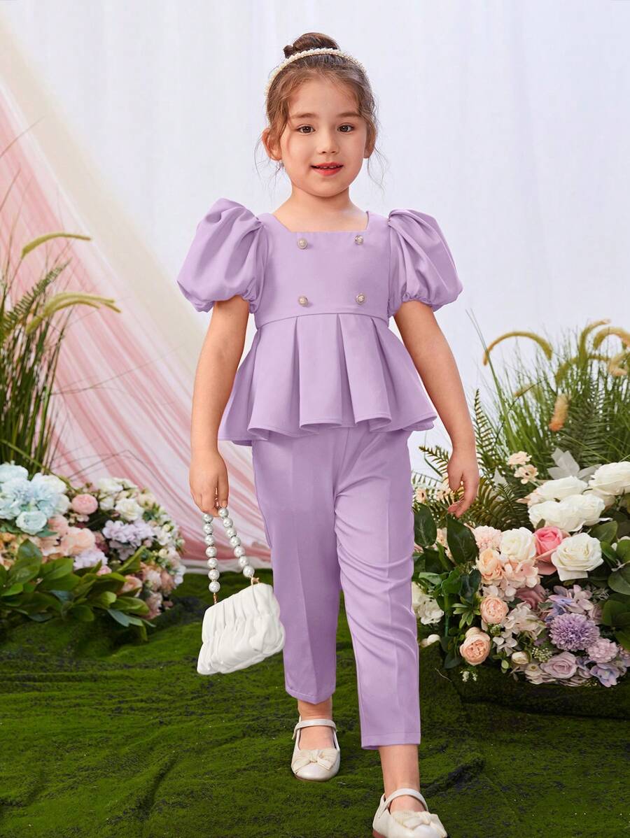 SHEIN 小女童泡泡袖花邊下擺上衣和褲子 - 紫丁香色 - 查看 1