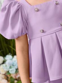 SHEIN 小女童泡泡袖花邊下擺上衣和褲子 - 紫丁香色 - 查看 4