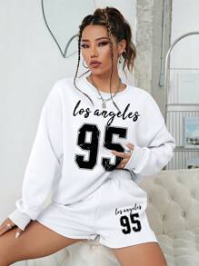 INAWLY Letter Graphic Drop Shoulder Sweatshirt & Shorts - White - View 4