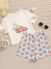 SHEIN Conjunto de pijama con camiseta gráfica de dibujos animados y shorts para niña preadolescente