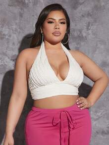 SHEIN SXY Áo hai dây Plus Size Lộ Lưng Buộc lại màu trơn Gợi cảm - trắng - Xem 3