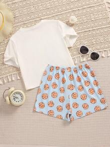 SHEIN Conjunto de pijama con camiseta gráfica de dibujos animados y shorts para niña preadolescente
