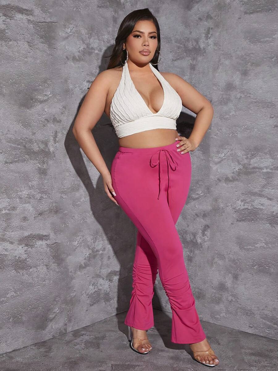 SHEIN SXY Áo hai dây Plus Size Lộ Lưng Buộc lại màu trơn Gợi cảm - trắng - Xem 1