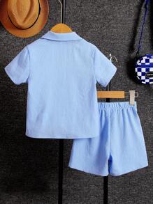 SHEIN Toddler Boys Solid Button Front Shirt & Shorts Set - Blue - View 2