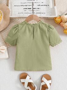 SHEIN Young Girls' Solid Color Lace Trim Short Sleeve Blouse