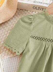 SHEIN Young Girls' Solid Color Lace Trim Short Sleeve Blouse