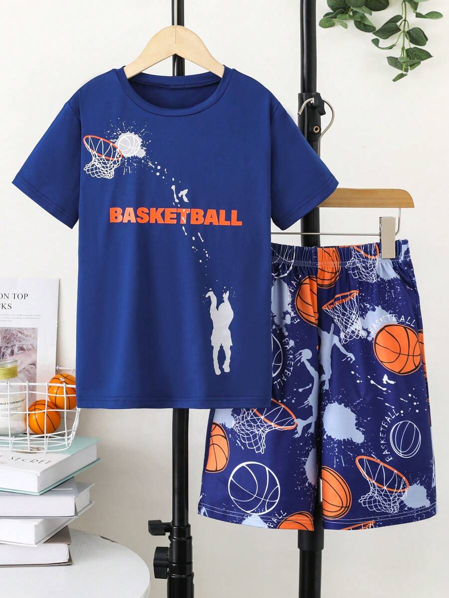 SHEIN Bộ hai mảnh Trai Lá thư Con số Giải trí - Màu xanh lam - Xem 1