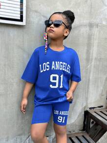 SHEIN Tween Girl Letter Graphic Drop Shoulder Tee & Biker Shorts - Blue - View 5