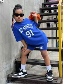 SHEIN Tween Girl Letter Graphic Drop Shoulder Tee & Biker Shorts - Blue - View 6