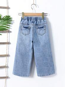 SHEIN Toddler Girls Drawstring Waist Ripped Wide Leg Jeans - Light Wash - View 2