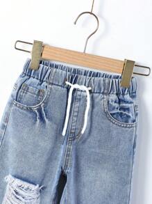 SHEIN Toddler Girls Drawstring Waist Ripped Wide Leg Jeans - Light Wash - View 3