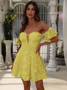 Off Shoulder Mesh Insert Dress - Yellow - View 1