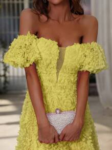 Off Shoulder Mesh Insert Dress - Yellow - View 4