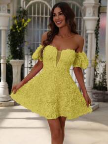 Off Shoulder Mesh Insert Dress - Yellow - View 5