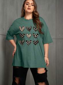 SHEIN Unity Áo thun Plus size In hoa Báo Tim Giải trí - màu xanh lá - Xem 4