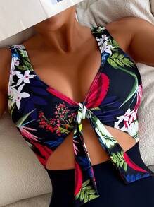 SHEIN Swim Summer Beach Tropical Print Cut Out Knot Front One Piece Swimsuit - Multicolor - View 4