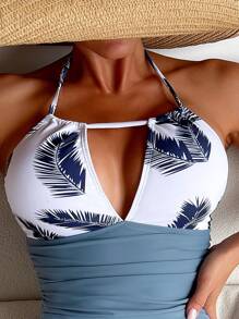 Tropical Print Ruched Halter One Piece Swimsuit - Blue and White - View 3