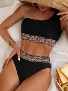 Swim Vcay 女士2025夏季度假海滩斑马纹编织肩带镂空黑色拼接泳装比基尼套装，分体泳衣 - 黑色 - 查看 3