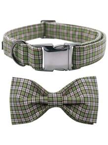 1pc Plaid Pattern Collar & Bow Tie Adjustable Pet Collar - Green - View 1