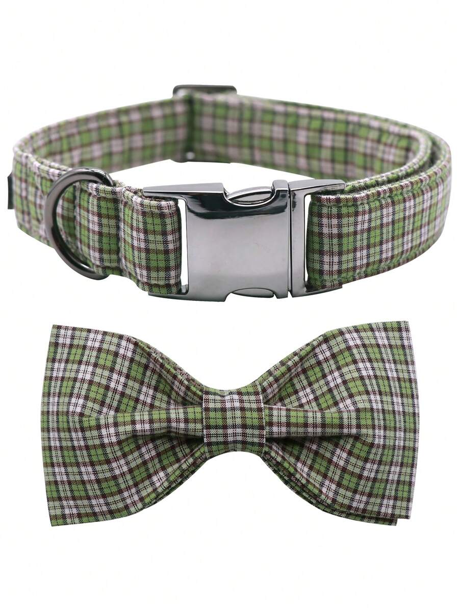 1pc Plaid Pattern Collar & Bow Tie Adjustable Pet Collar - Green - View 1