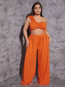 SHEIN SXY de un hombro fruncido Top crop & Pantalones de pierna ancha - Naranja - Ver 5