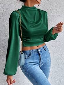 SHEIN Privé Draped Collar Lantern Sleeve Crop Satin Blouse - Green - View 1