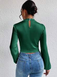 SHEIN Privé Draped Collar Lantern Sleeve Crop Satin Blouse - Green - View 2