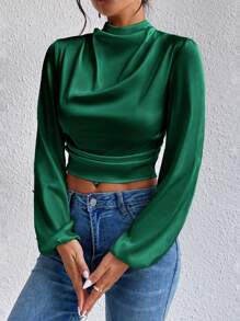SHEIN Privé Draped Collar Lantern Sleeve Crop Satin Blouse - Green - View 4