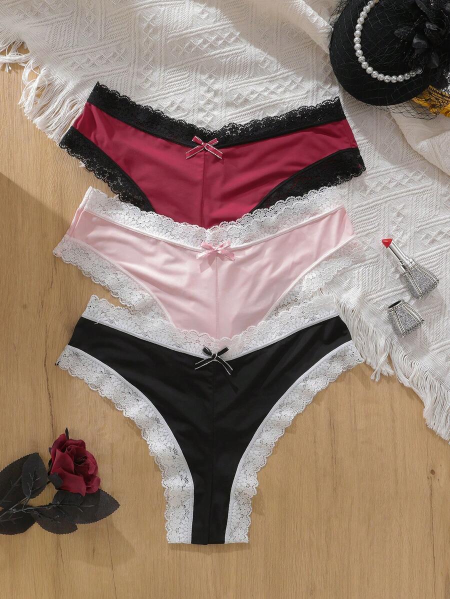 3pack Contrast Lace Bow Front Panty - Multicolor - View 1