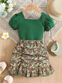 SHEIN Young Girl Green Vintage Floral Print Square Neckline Two Piece Outfit With Puff Sleeves For Summer Holiday,Holiday,Summer,Travel - Green - View 2