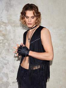 Manfinity AFTRDRK Men Studded Detail Fringe Trim Vest Jacket - Black - View 7