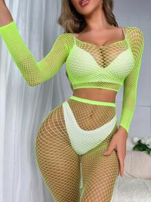 Cut Out Fishnet Lingerie Set Without Liner - Mint Green - View 1