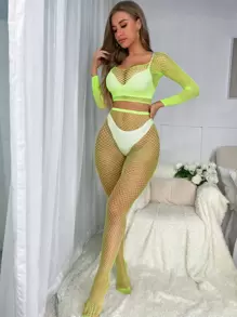 Cut Out Fishnet Lingerie Set Without Liner - Mint Green - View 5