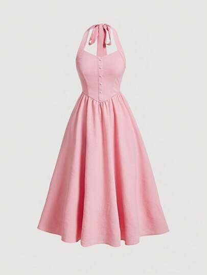 SHEIN MOD Solid Button Front Halter Neck Backless Dress