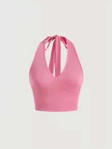 SHEIN MOD Áo khoác và áo lót dành cho xe tăng nữ Lộ Lưng Buộc lại Gân đan màu trơn Gợi cảm - Hồng - Xem 1