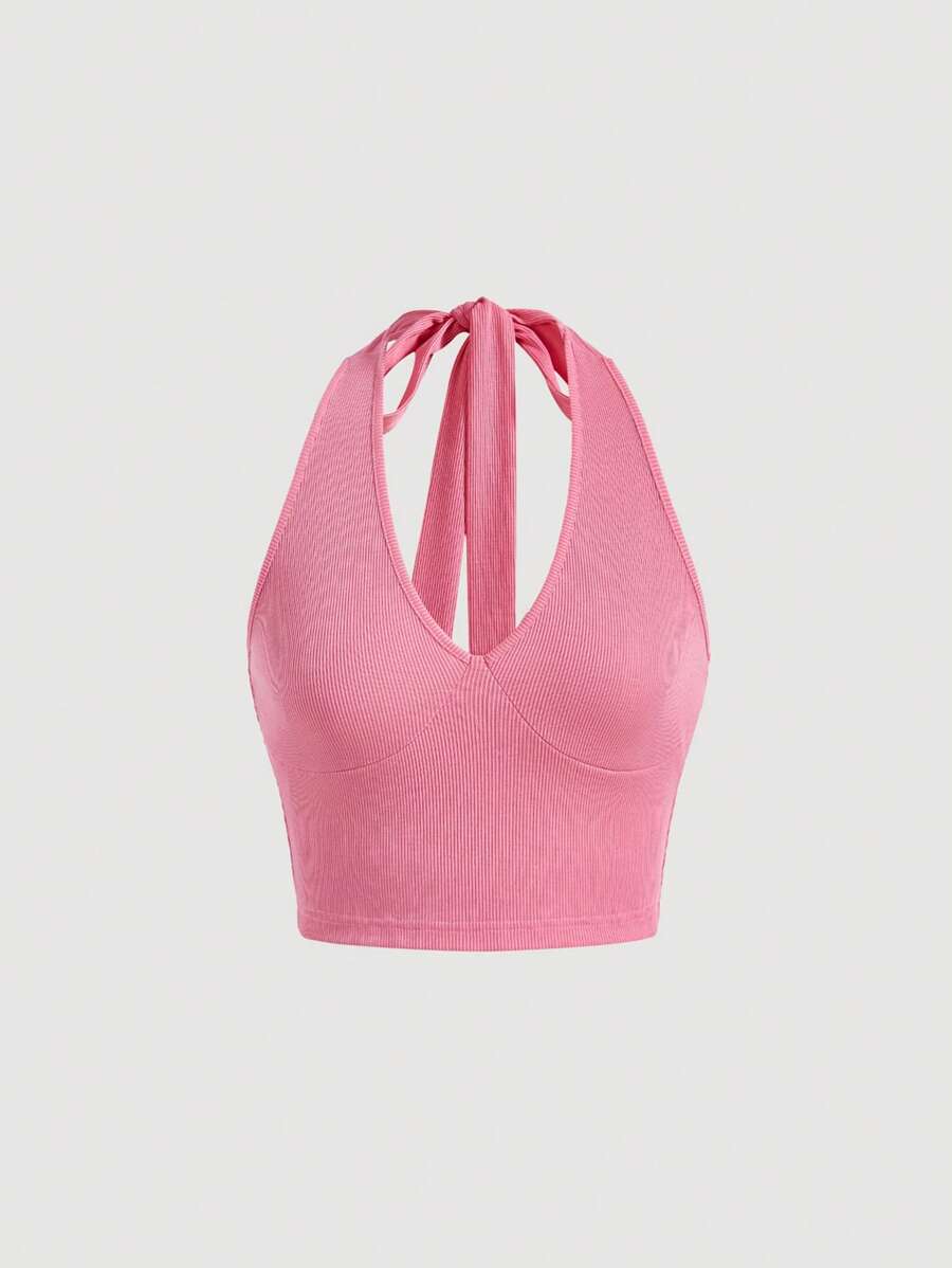 SHEIN MOD Áo khoác và áo lót dành cho xe tăng nữ Lộ Lưng Buộc lại Gân đan màu trơn Gợi cảm - Hồng - Xem 1