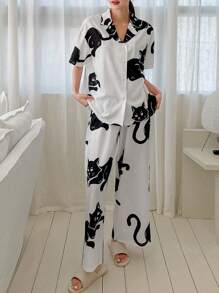 DAZY Cat Print Button Front Shirt & Wide Leg Trousers Lounge Set - Black and White - View 1