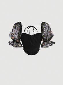 SHEIN MOD Contrast Embroidery Mesh Puff Sleeve Hook And Eye Front Blouse - Black - View 2