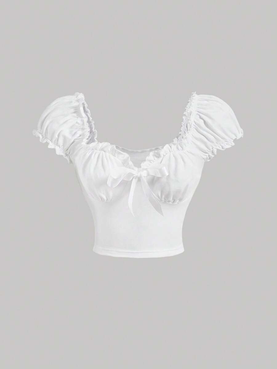 SHEIN MOD Frill Trim Ruched Bust Crop Tee - White - View 1