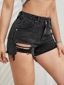 SHEIN EZwear Ripped Raw Hem Denim Shorts - Dark Grey - View 4
