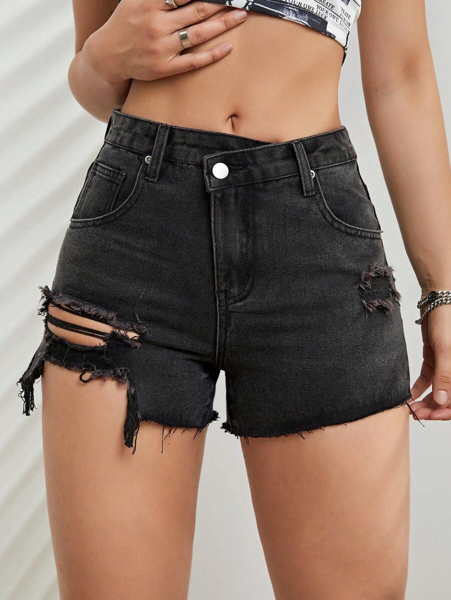 SHEIN EZwear Ripped Raw Hem Denim Shorts - Dark Grey - View 1