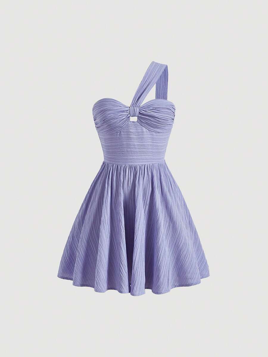 SHEIN MOD Đầm Cắt ra Thắt nút Dây kéo Nếp gấp Phần Ngực Sọc Giải trí - Màu Lilac Tím - Xem 1