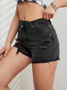 SHEIN EZwear Ripped Raw Hem Denim Shorts - Dark Grey - View 3