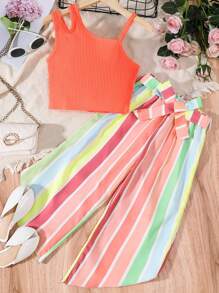 SHEIN 女孩不對稱領鏤空上衣和條紋圖案腰帶長褲 - 彩色 - 查看 1