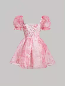 SHEIN MOD Floral Print Puff Sleeve Organza Dress - Multicolor - View 9